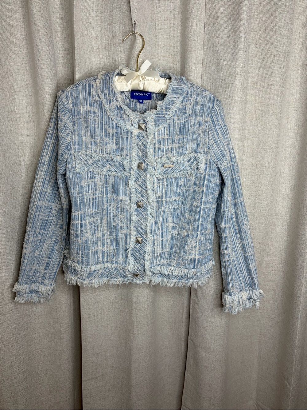 Recoin R1C  Light Blue Fringe-Trim Tweed Blazer